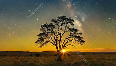 Solitary tree silhouette against a vibrant sunset and starry night sky landscape view