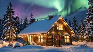 Cozy cabin glows under the aurora borealis in a snowy winter wonderland landscape scene