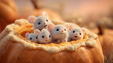 A Heartwarming Gathering of Cute and Cuddly Mice Nestled in a Pumpkin, Celebrating the Beauty of Nature with Exquisite Detail and