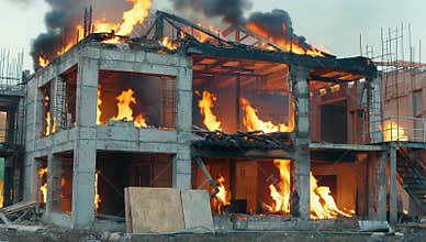 House engulfed in flames shows the devastating effects of fire damage on a new construction