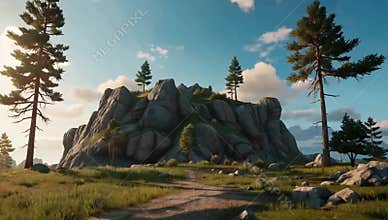 Scenic landscape featuring a rocky hill with trees under a blue sky with scattered clouds