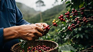 Farmer Hands Harvesting Red Coffee Beans in Lush Green Plantation Scenery with Wicker Basket Under Sunlight for Agriculture