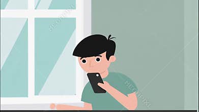 Person sitting at home using smartphone near window illustration animation