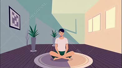Man meditating at home in calm minimalist interior illustration animation