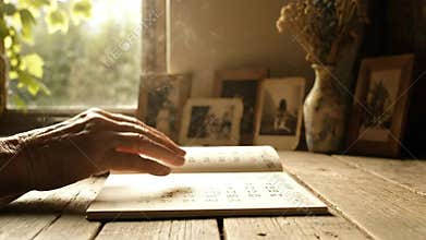 Close up of Hands Writing in Braille by Window with Sunlight and Dust Particles in Warm Tones Notebook on Rustic Wood Table with