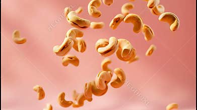 Floating macaroni pasta and roasted cashew nuts falling soft pink background with suspended motion, soft light, playful energetic