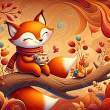 Little fox's peaceful tea time in the golden autumn woods, cartoon