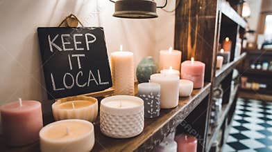 Display of Lit Candles and a Chalkboard Sign at a Store During Daytime