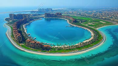 Beautiful coastal view of a palm-shaped island with luxury resorts and clear blue waters in the daytime