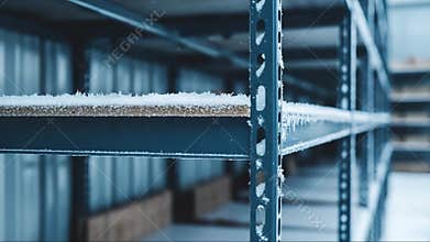 Snow accumulates on empty shelves in a cold storage facility during winter weather in a quiet industrial area