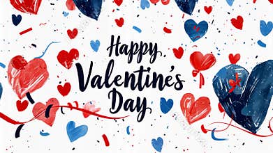 Hand-lettered 'happy valentine's day' with blue and pink hearts design element