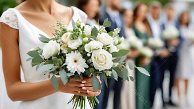 A bride in a white dress holds a bouquet of white roses, gerberas, and greenery. Wedding guests are blurred in the background