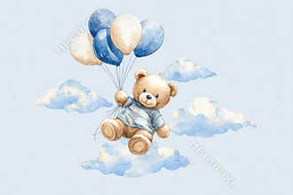 Teddy Bear Flying with Balloons in Soft Pastel Sky – Whimsical Birthday Party Illustration