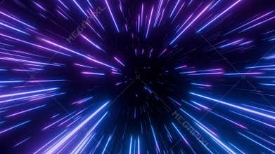 Looped background with blue pink neon light streaks create effect of high speed travel through space
