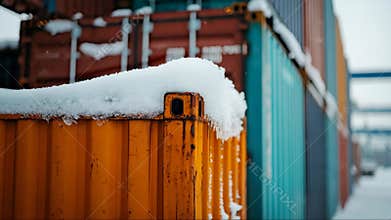 Cargo containers covered in snow at a shipping yard during winter with a soft snowfall