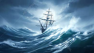 Sailing ship in stormy ocean waves dark moody lighting