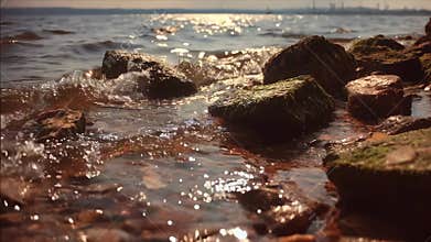Medium shot of a coastal landscape with tides rising and falling highlighting natural environmental changes recorded in