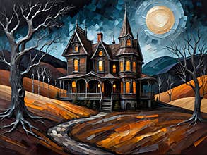 Fantastical, spooky and gothic landscape, with rolling hills, small forest of twisted trees, and a dark haunted Victorian house