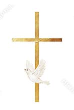 Golden Christian cross with flying white dove, wings spread, representing