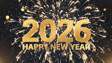 Celebratory fireworks display with golden text announcing new year 2026