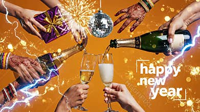 Celebratory hands toasting with champagne and gifts against orange background