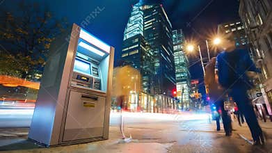 Medium shot of a sleek ATM installed on a busy city street corner surrounded by tall buildings and pedestrian traffic