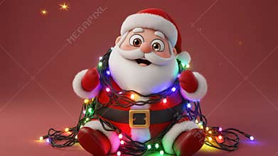 Cute 3D Animated Chubby Santa Claus Tangled in Sparkling Christmas Lights on Red Background - AI Generated