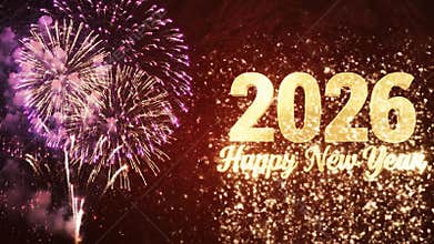 Fireworks display with text celebrating the new year 2026
