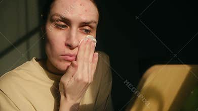 Woman with problem skin applying cleanser with cotton pad