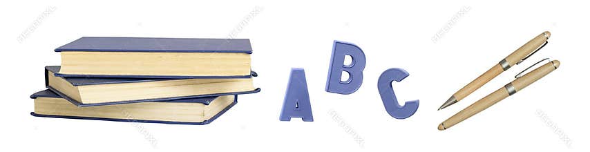 Set of school objects (books, pens, letters) isolated on white background