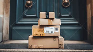 Pile of Cardboard Boxes Delivered to Front Door Online Shopping and Home Delivery Concept