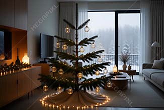 Experience holiday magic with a softly lit Christmas tree in a modern home interior