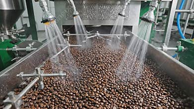Industrial Coffee Bean Processing Plant Showing Automated Roasting Machine with Water Cooling System and High Angle Shot
