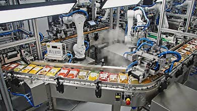 Automated Food Packaging Production Line With Robotic Arms Ensuring Precision And Efficiency In Modern Manufacturing Facility