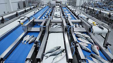 Industrial Fish Processing Conveyor System Automation Seafood Production Line Machinery Blue White Bright Lighting