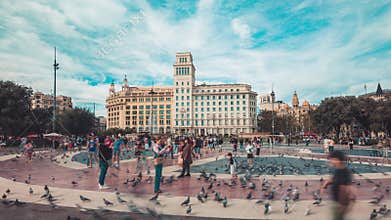 Barcelona, Spain. November 1, 2025, People and pigeons walking in Plaza Catalunya Barcelona timelapse