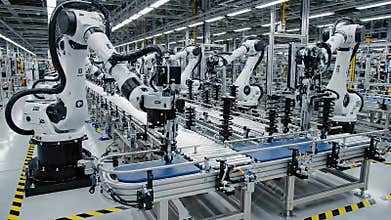 Automated Robotic Arms Working on a Modern Assembly Line in a High-Tech Factory with Bright Industrial Lighting