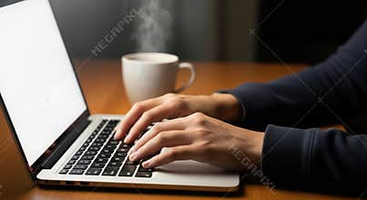 Person typing on laptop with steaming coffee cup on wooden desk