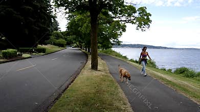 Woman walking dog by lake