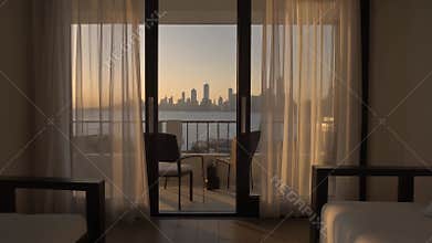 Golden hour sunlight illuminating a modern room interior with balcony overlooking a coastal city skyline and ocean