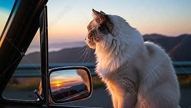 Fluffy Ragdoll Cat Gazes Out Car Window at Scenic Mountain Sunset Golden Hour Light Reflecting in Mirror