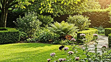Lush Green Garden Pathway Bathed in Golden Sunlight With Delicate Pink Flowers and a Butterfly