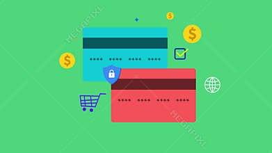 Flat Design Digital Credit Card Illustration with Secure Lock and Shopping Cart Icons for Online Banking