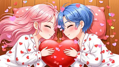 Adorable Anime Couple in Valentine Day Pajamas Sharing a Red Heart on a Dreamy Wooden Floor, Surrounded by Falling Love Hearts