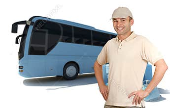 Smiling man by coach bus