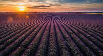 Beautiful Lavender Field at Sunset with Golden Sun Rays