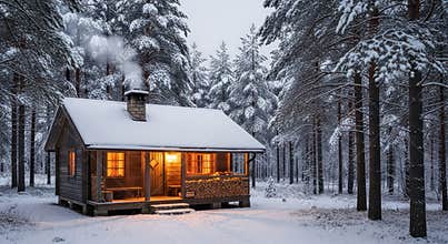 Cozy Log Cabin in Snowy Forest with Warm Lights