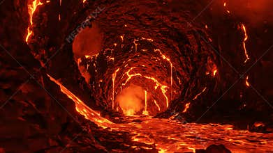 Fiery Depths - A Molten Lava River Flowing Through a Volcanic Cave