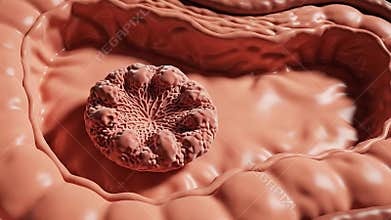 3D Realistic Rendering of Human Large Intestine Interior Showing Polyp Growth Medical Illustration Detailed Close Up Macro Pinkish