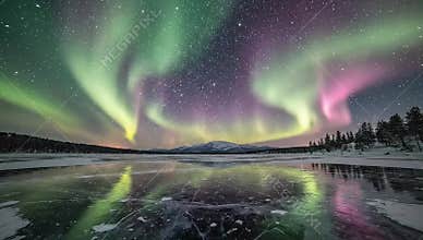 Aurora Borealis Over Frozen Lake